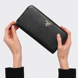 Prada Saffiano Black Leather Wallet with Red Leather Interior